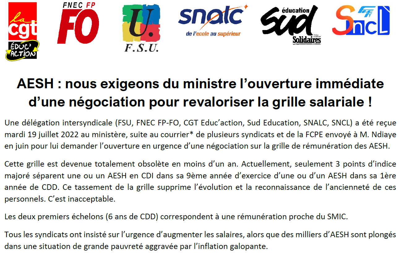 AESH négociation pour revaloriser la grille salariale ! SNUDI FO 91