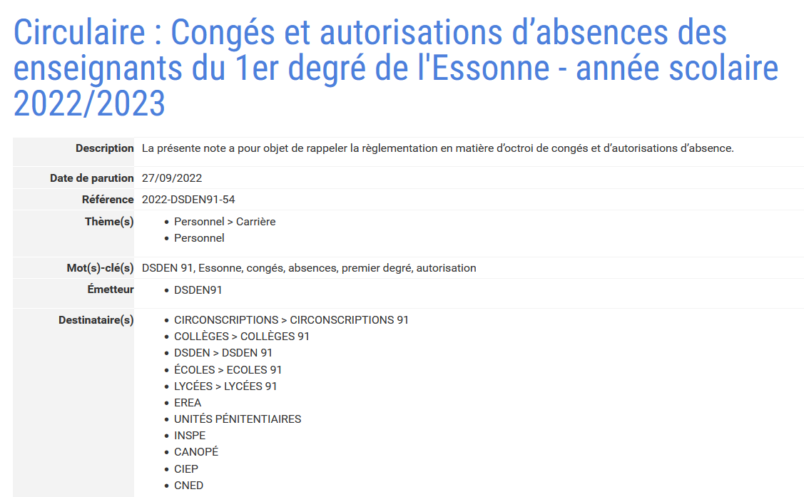 Nouvelle circulaire absences et annexes de septembre 2022 – SNUDI FO 91